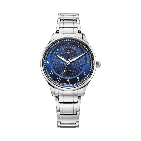 Titan Noor Collection Blue Dial Stainless Steel Strap Watch for Women