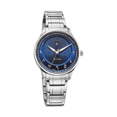 Titan Noor Collection Blue Dial Stainless Steel Strap Watch for Women