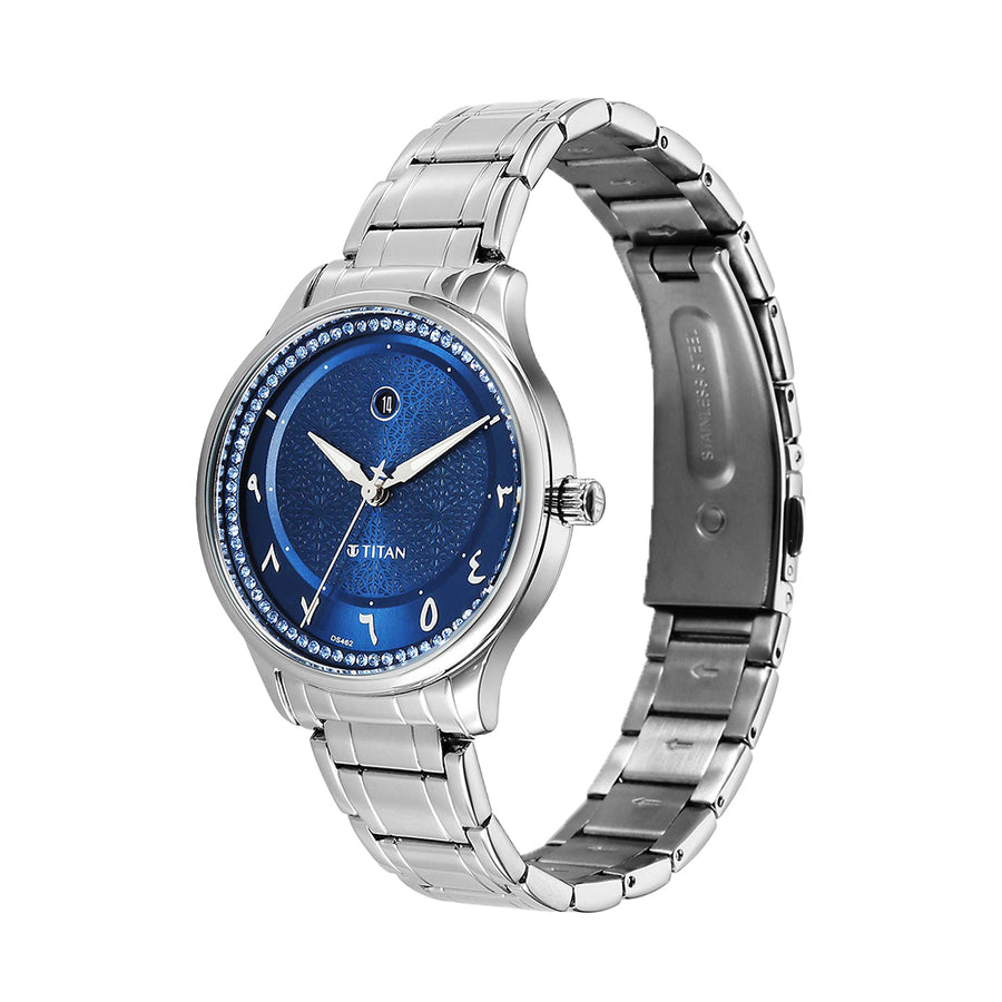Titan Noor Collection Blue Dial Stainless Steel Strap Watch for Women