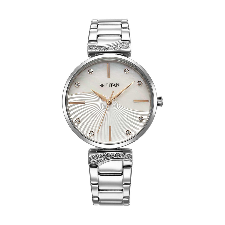 Titan Purple Style Up Quartz Analog Mother of Pearl Dial Stainless Steel Strap Watch for Women