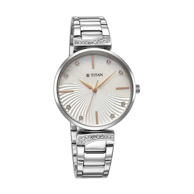 Titan Purple Style Up Quartz Analog Mother of Pearl Dial Stainless Steel Strap Watch for Women