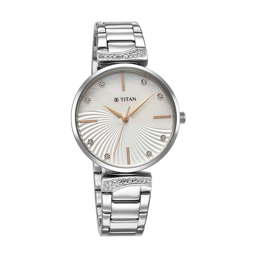 Titan Purple Style Up Quartz Analog Mother of Pearl Dial Stainless Steel Strap Watch for Women