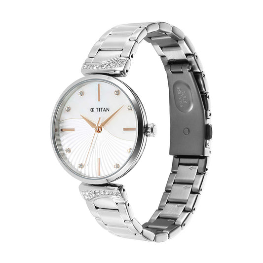 Titan Purple Style Up Quartz Analog Mother of Pearl Dial Stainless Steel Strap Watch for Women