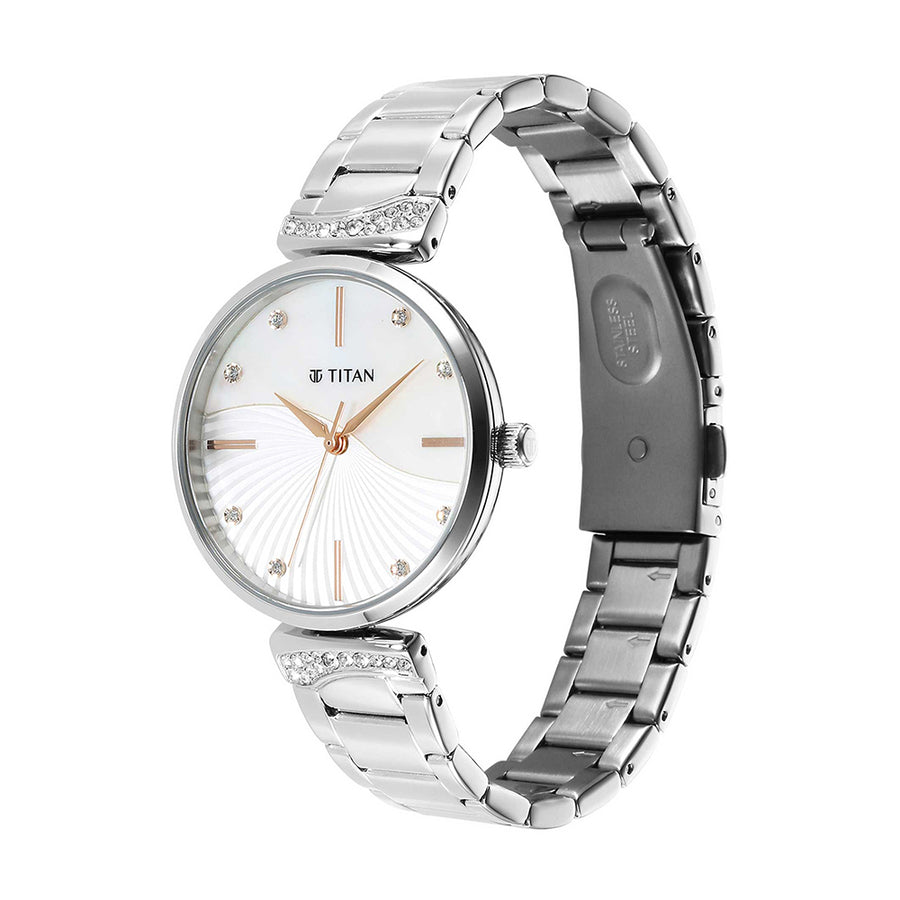 Titan Purple Style Up Quartz Analog Mother of Pearl Dial Stainless Steel Strap Watch for Women