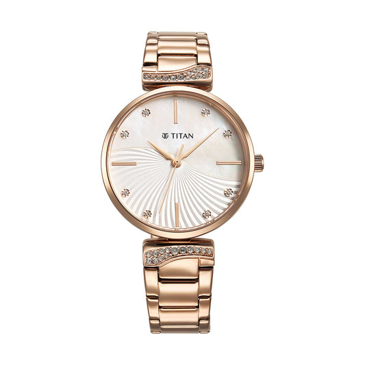 Titan Purple Style Up Quartz Analog Mother of Pearl Dial Stainless Steel Strap Watch for Women