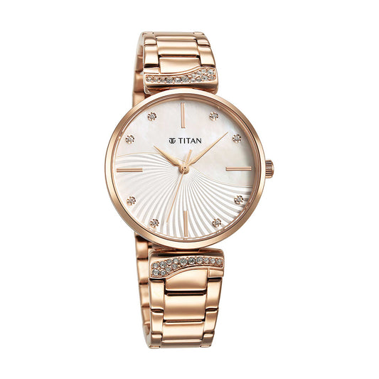 Titan Purple Style Up Quartz Analog Mother of Pearl Dial Stainless Steel Strap Watch for Women