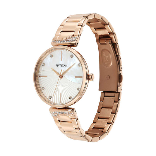 Titan Purple Style Up Quartz Analog Mother of Pearl Dial Stainless Steel Strap Watch for Women