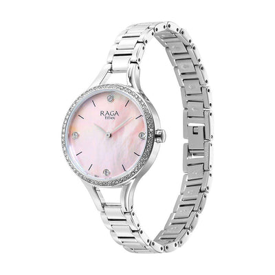 Jam Tangan Tali Logam Titan Raga Stowstopper Mother of Pearl Dial untuk Wanita