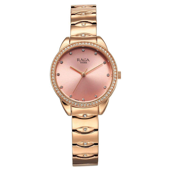 Jam Tangan Tali Logam Titan Raga Showstopper Quartz Dail Merah Jambu untuk Wanita