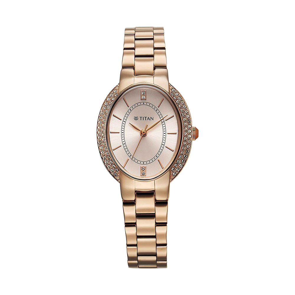 Titan Metro Rose Gold Dial Stainless Steel Strap Watch for Women