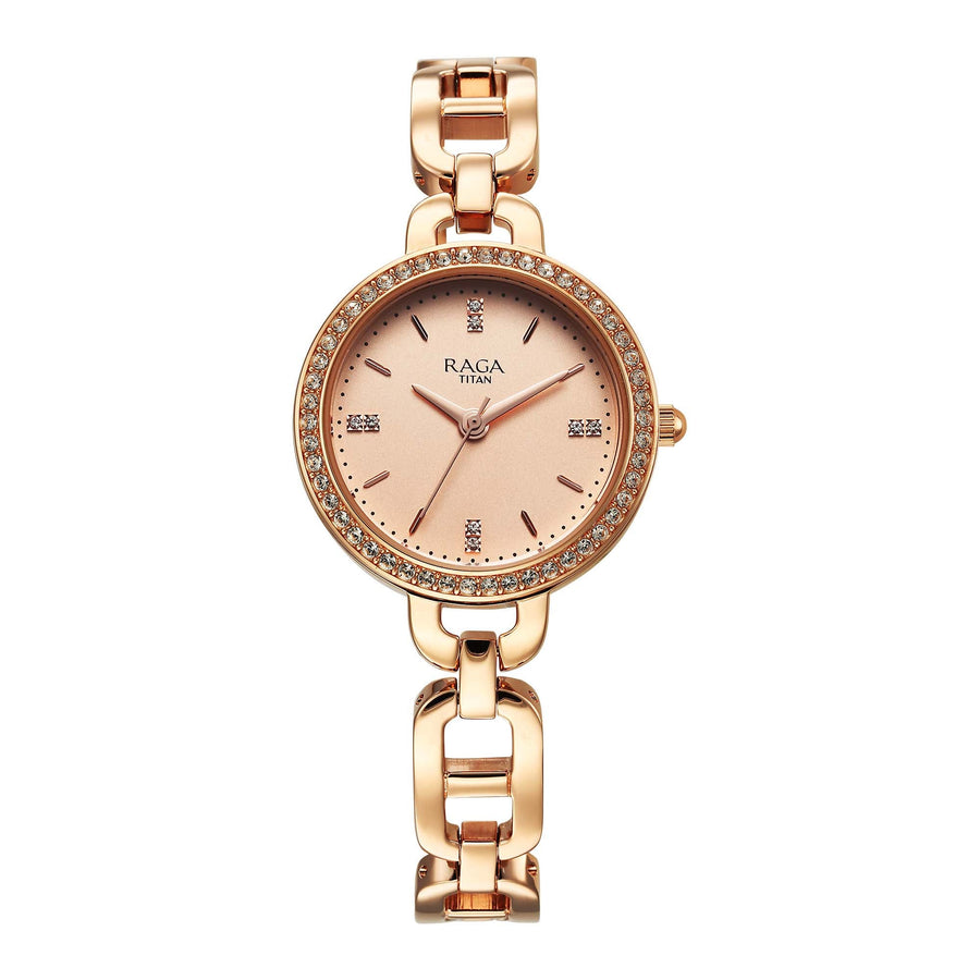 Jam Tangan Wanita Tali Keluli Tahan Karat Warna Emas Mawar, Dail Emas Mawar Analog Kuarza Titan Raga Showstopper 2.0