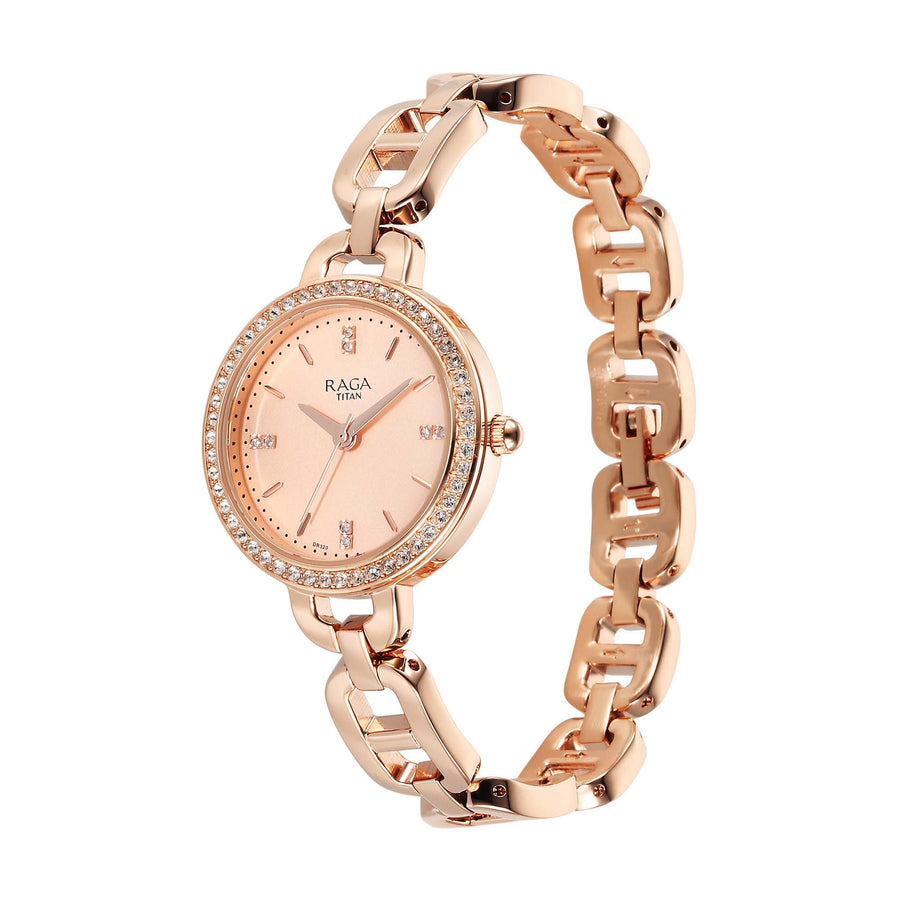 Jam Tangan Wanita Tali Keluli Tahan Karat Warna Emas Mawar, Dail Emas Mawar Analog Kuarza Titan Raga Showstopper 2.0