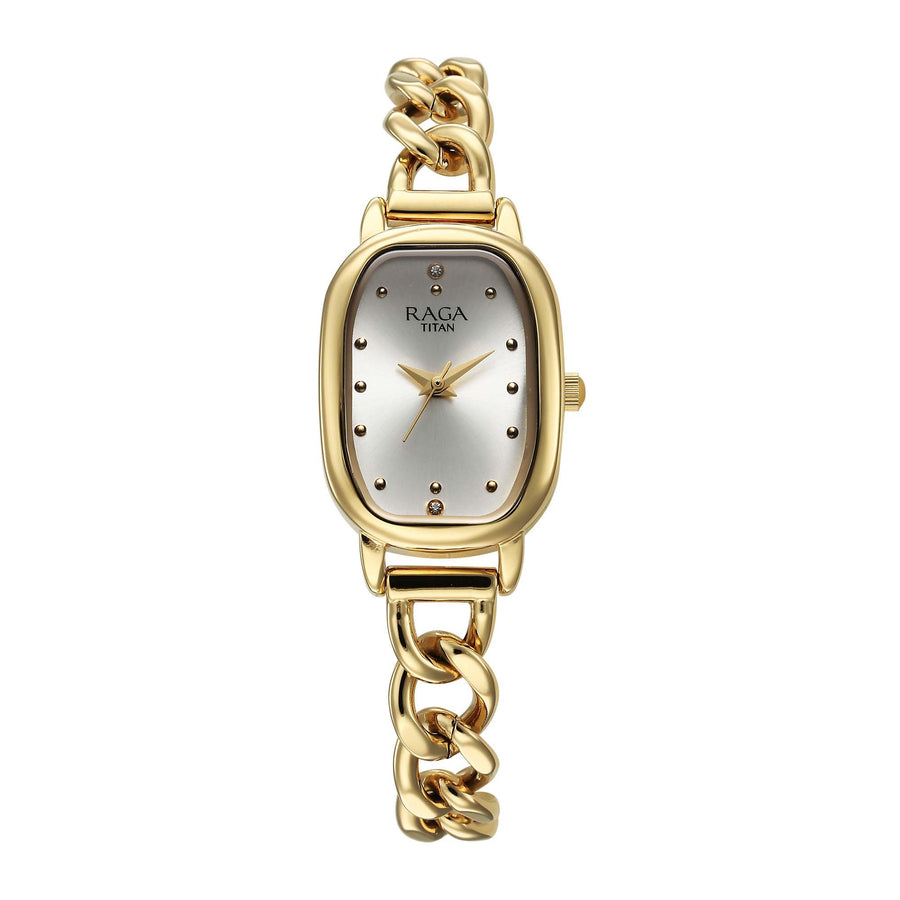 Jam Tangan Wanita Tali Keluli Tahan Karat Warna Emas Analog Kuarza Dail Emas Titan Raga Showstopper 2.0