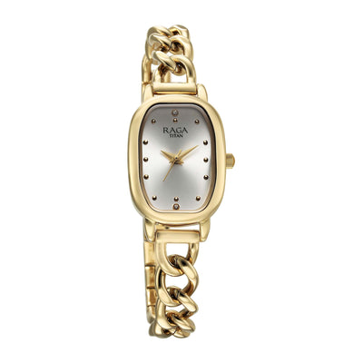 Jam Tangan Wanita Tali Keluli Tahan Karat Warna Emas Analog Kuarza Dail Emas Titan Raga Showstopper 2.0