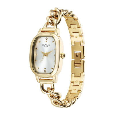 Jam Tangan Wanita Tali Keluli Tahan Karat Warna Emas Analog Kuarza Dail Emas Titan Raga Showstopper 2.0