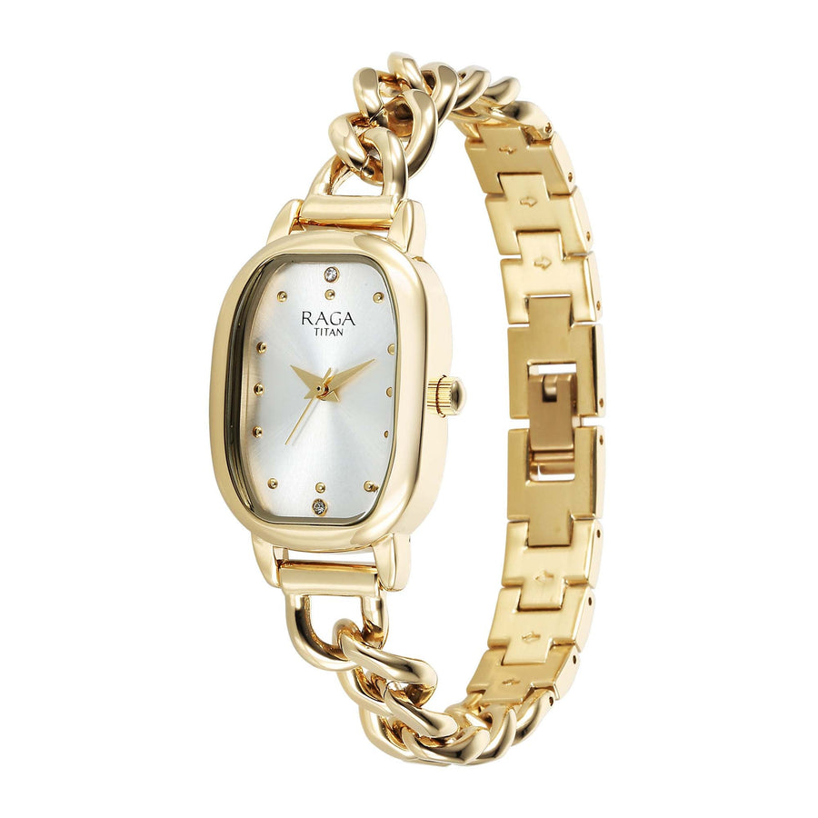 Jam Tangan Wanita Tali Keluli Tahan Karat Warna Emas Analog Kuarza Dail Emas Titan Raga Showstopper 2.0