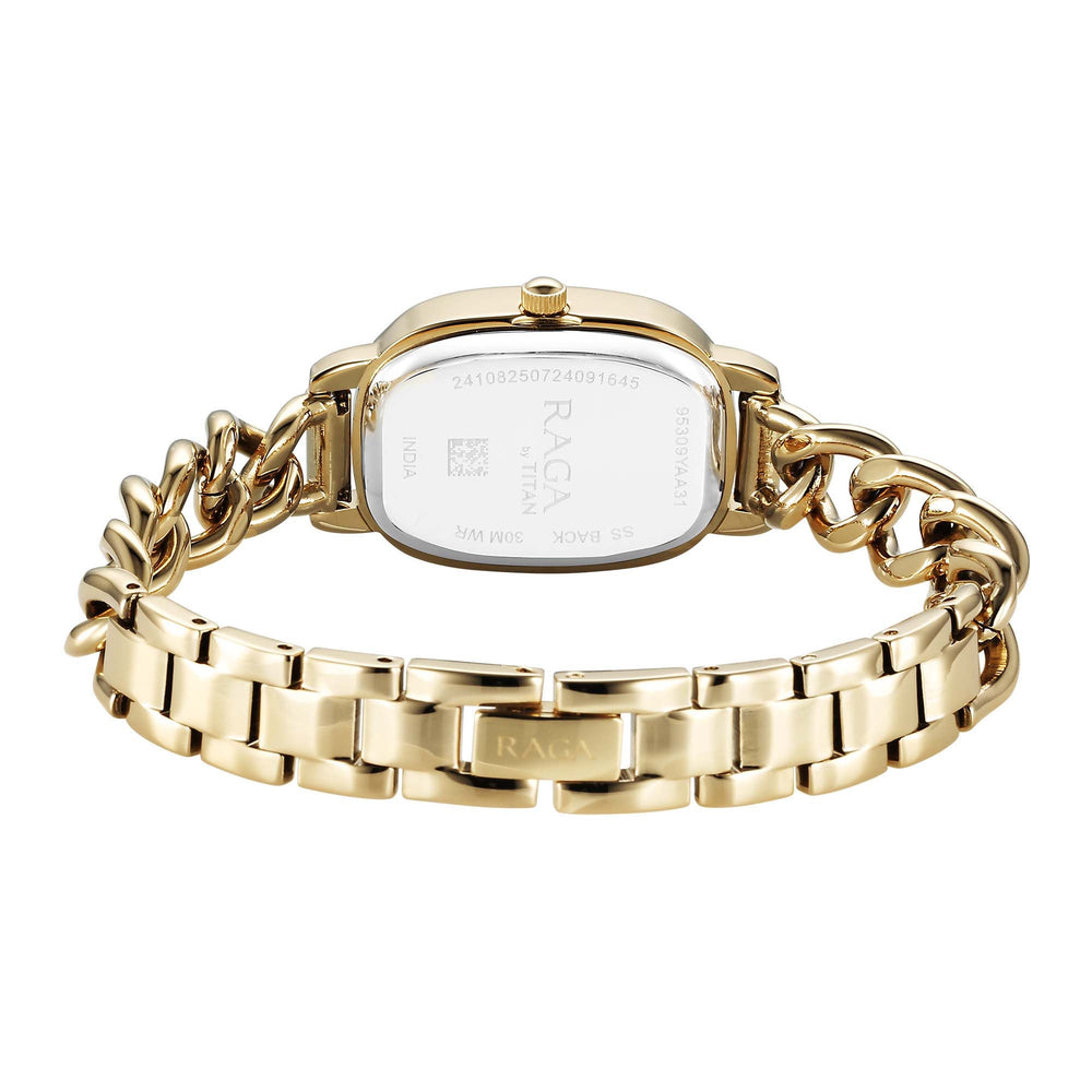 Jam Tangan Wanita Tali Keluli Tahan Karat Warna Emas Analog Kuarza Dail Emas Titan Raga Showstopper 2.0