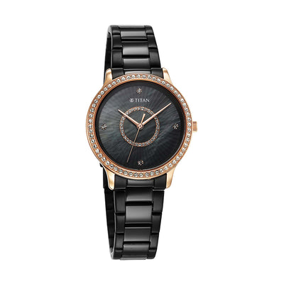 Titan Glamour Black Dial Stainless Steel Strap Watch for Women