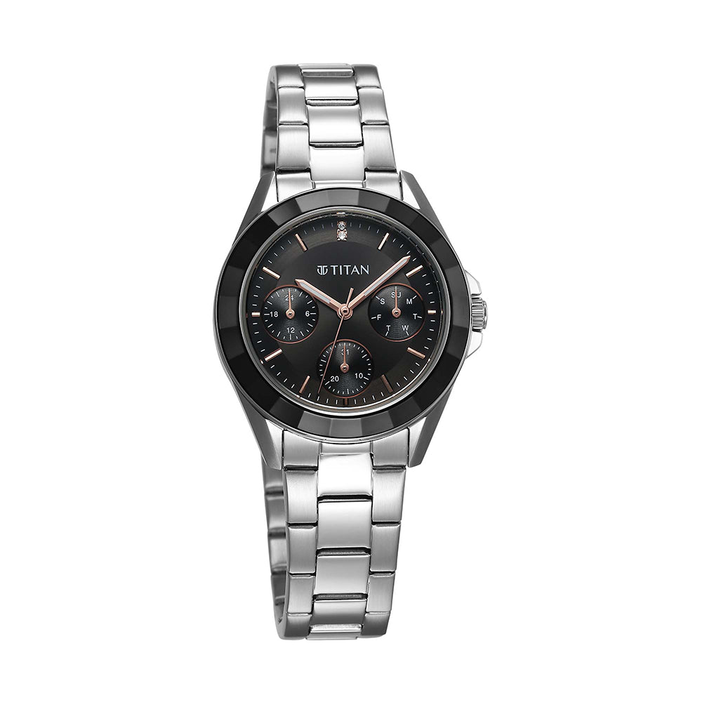 Titan Glamour Multifunction Black Dial Stainless Steel Strap Watch for Women