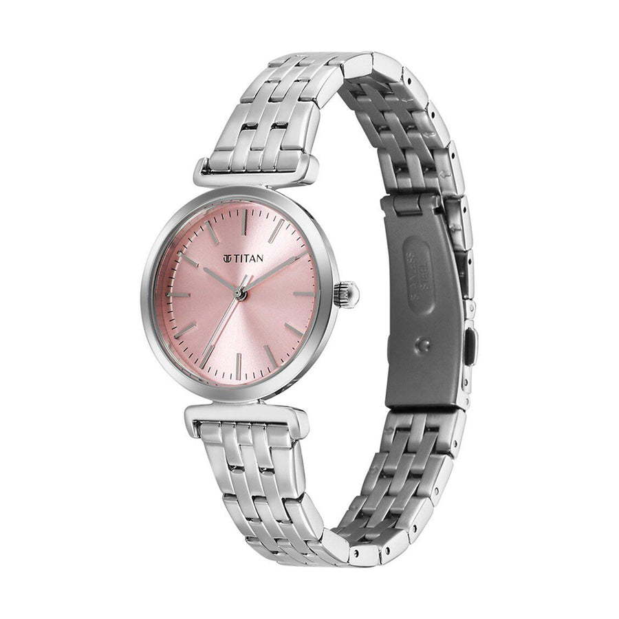 Jam Tangan Tali Keluli Tahan Karat Dail Merah Jambu Titan Workmode untuk Wanita