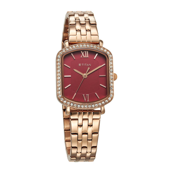 Jam Tangan Wanita Tali Keluli Tahan Karat Saduran Emas Merah Jambu, Dail Merah Analog Kuarza Metro Ungu Titan