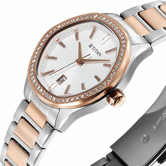 Titan Glamour Silver Dial Stainless Steel Strap Watch for Women