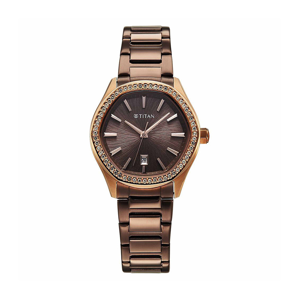 Titan Glamour Brown Dial Stainless Steel Strap Watch for Women