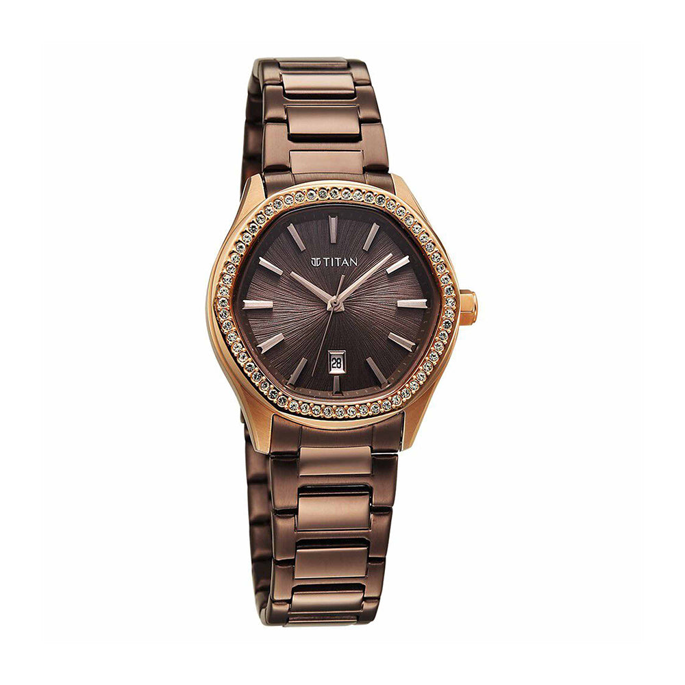 Titan Glamour Brown Dial Stainless Steel Strap Watch for Women