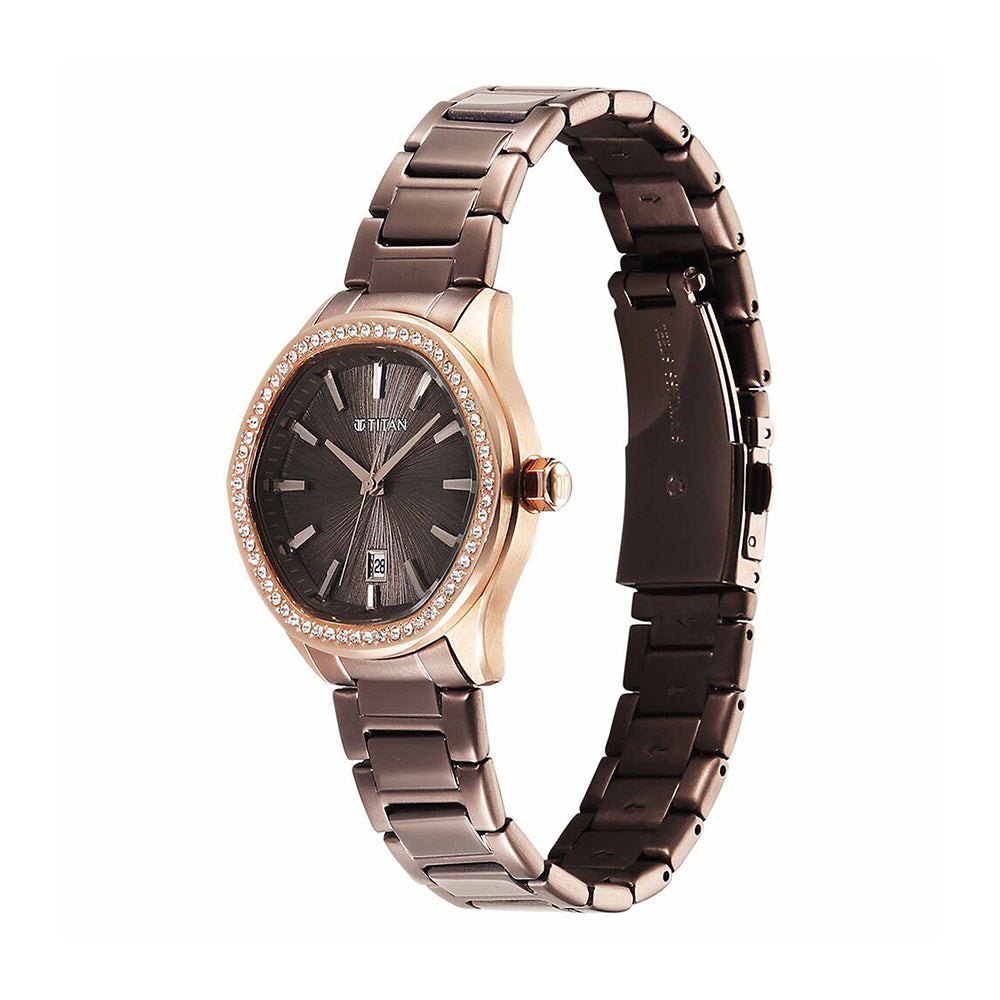 Titan Glamour Brown Dial Stainless Steel Strap Watch for Women