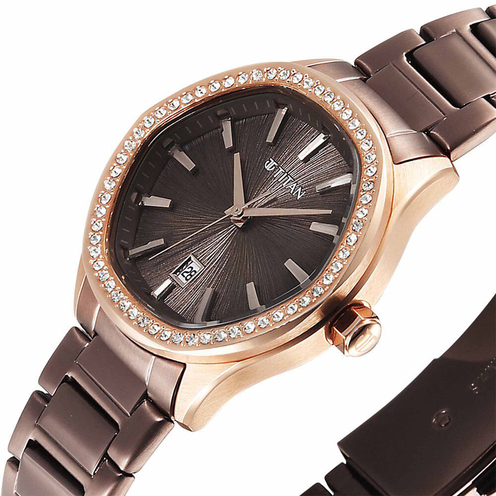 Titan Glamour Brown Dial Stainless Steel Strap Watch for Women