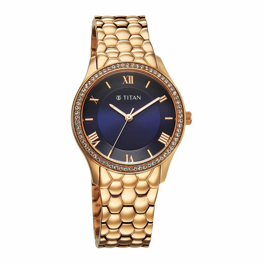 Titan Titan Glamour V Quartz Blue Dial Rose Gold Strap Watch For Ladies