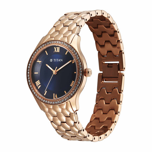 Titan Titan Glamour V Quartz Blue Dial Rose Gold Strap Watch For Ladies