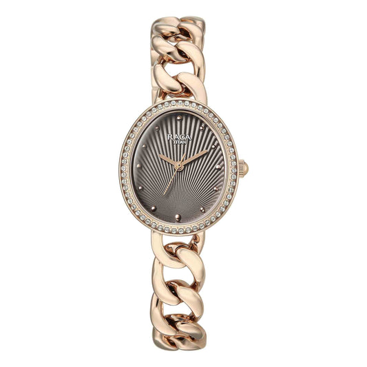 Titan Raga Grey Shaped Dial Rose Gold Metal Strap Analog Watch For Women