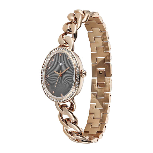 Titan Raga Grey Shaped Dial Rose Gold Metal Strap Analog Watch For Women
