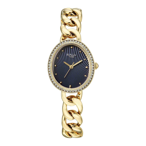 Titan Raga Blue Shaped Dial Gold Metal Strap Analog Watch For Women