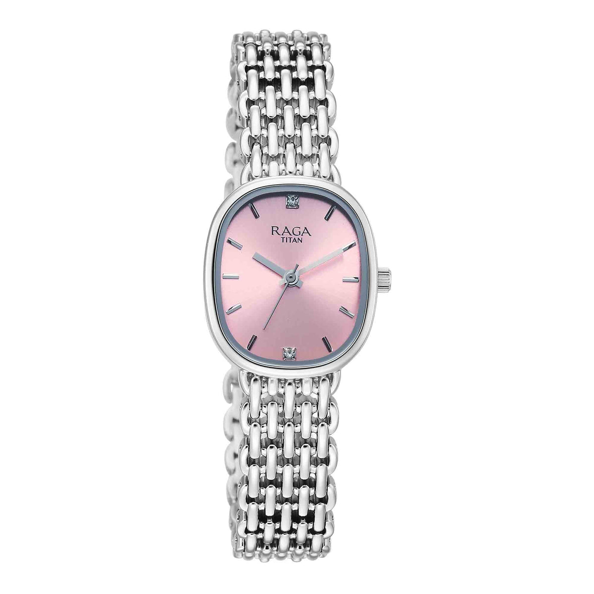 Titan Raga Pink Shaped Dial Silver Metal Strap Analog Watch For Women