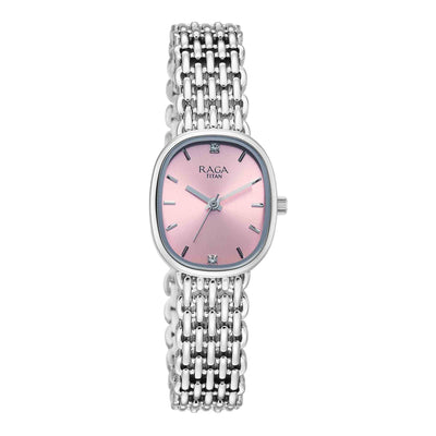 Titan Raga Pink Shaped Dial Silver Metal Strap Analog Watch For Women