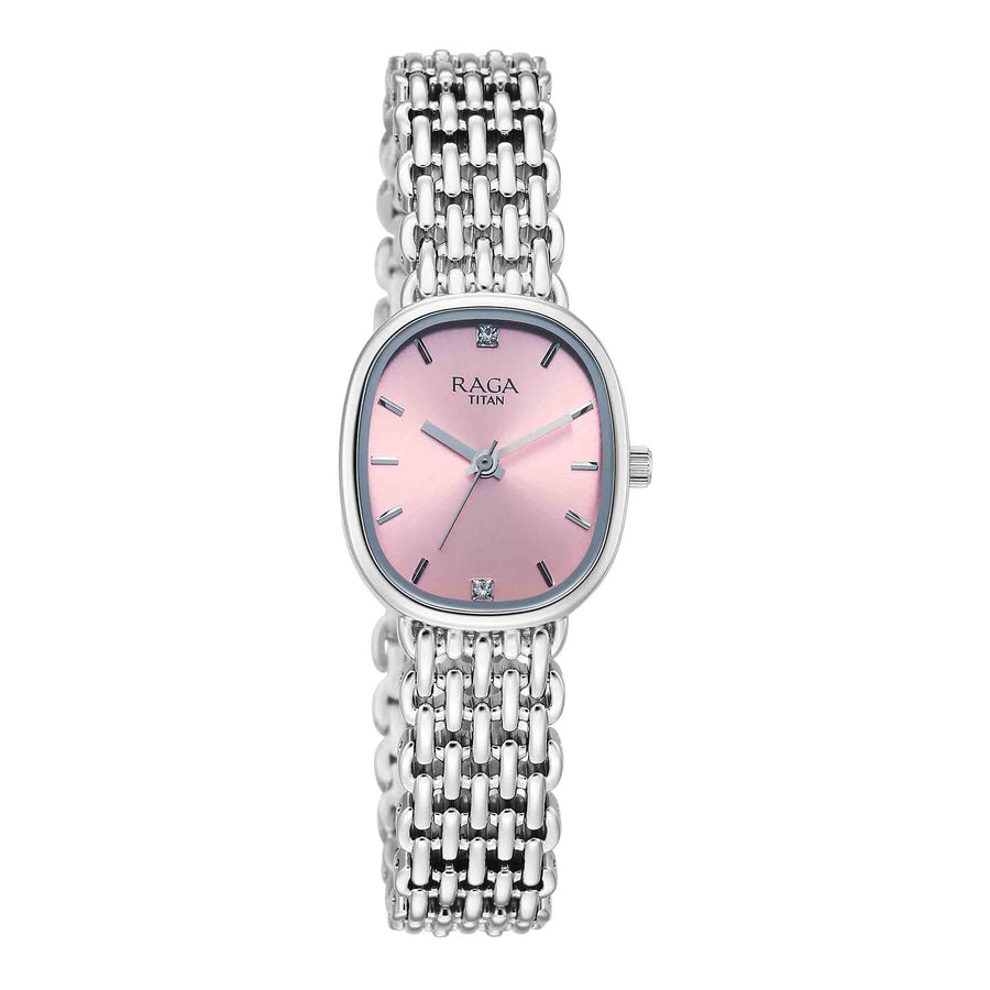 Titan Raga Pink Shaped Dial Silver Metal Strap Analog Watch For Women