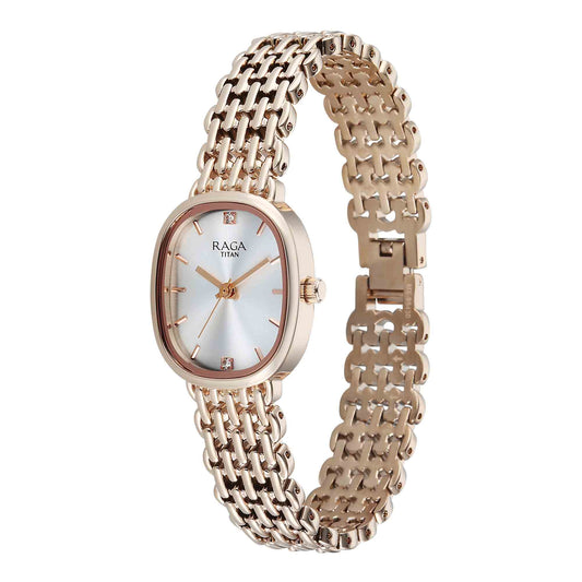 Titan Raga Silver Shaped Dial Rose Gold Metal Strap Analog Watch For Women