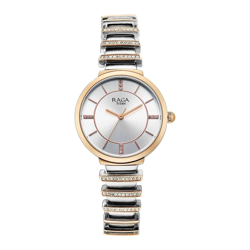 Titan Raga Silver Dial Two Toned Metal Strap Analog Watch For Women