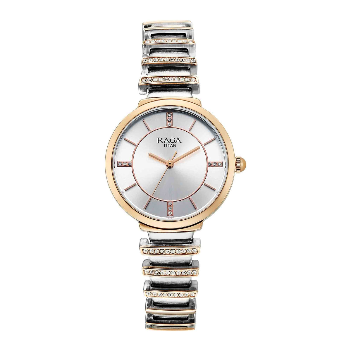 Titan Raga Silver Dial Two Toned Metal Strap Analog Watch For Women