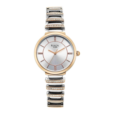 Titan Raga Silver Dial Two Toned Metal Strap Analog Watch For Women