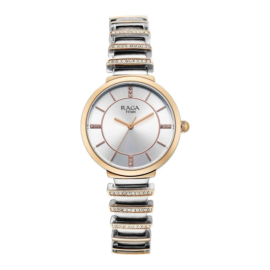 Titan Raga Silver Dial Two Toned Metal Strap Analog Watch For Women