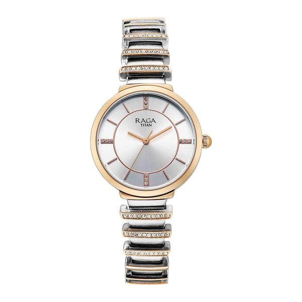Titan Raga Silver Dial Two Toned Metal Strap Analog Watch For Women