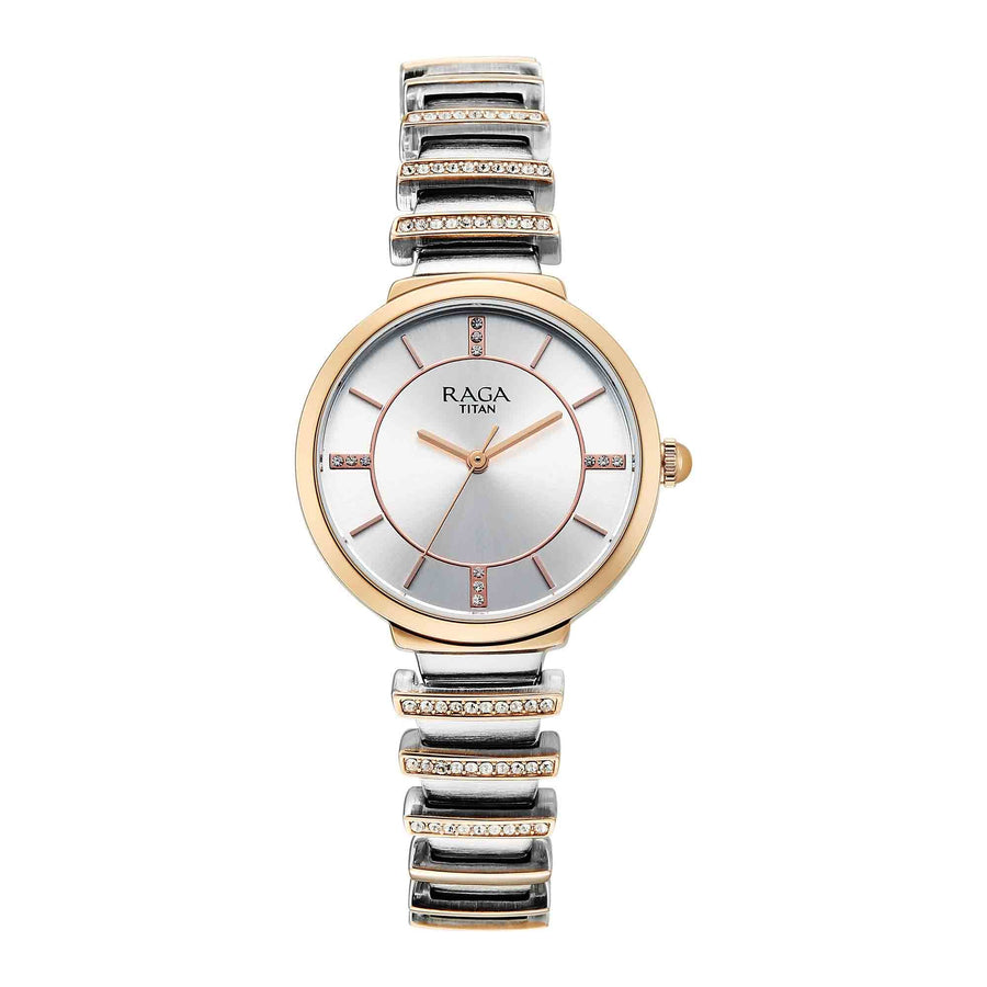 Titan Raga Silver Dial Two Toned Metal Strap Analog Watch For Women