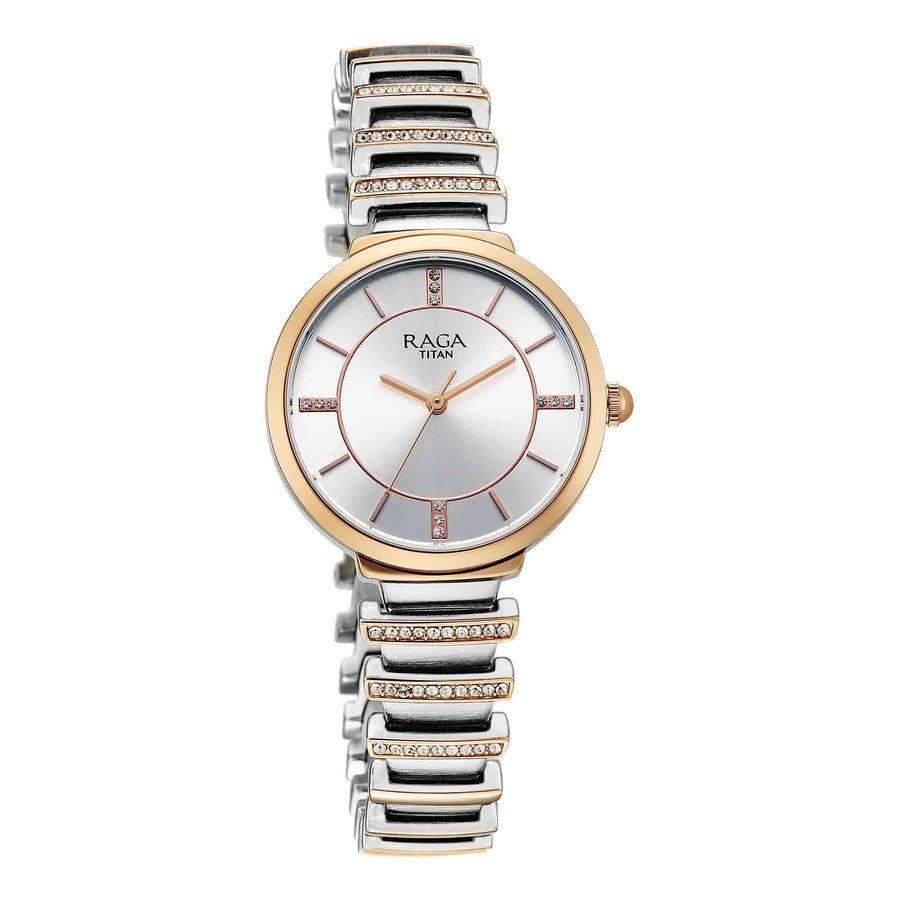 Titan Raga Silver Dial Two Toned Metal Strap Analog Watch For Women