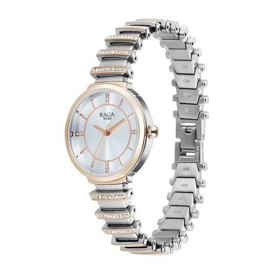 Titan Raga Silver Dial Two Toned Metal Strap Analog Watch For Women