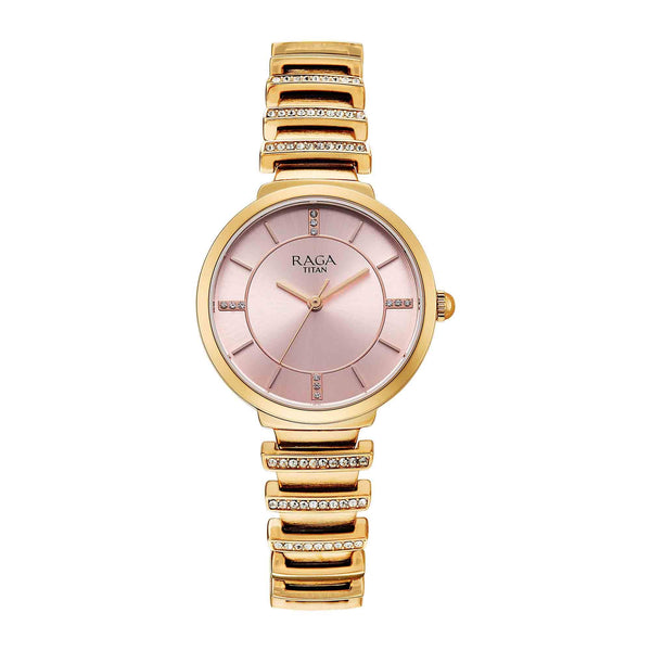 Titan Raga Pink Dial Rose Gold Metal Strap Analog Watch For Women