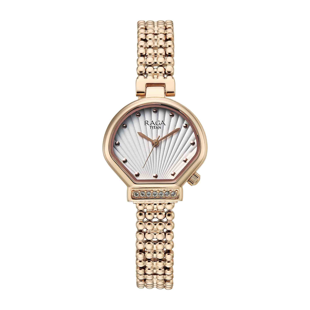 Titan Raga Spotlight White Dial Rose Gold Metal Strap Analog Watch For Women