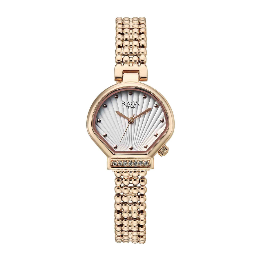 Titan Raga Spotlight White Dial Rose Gold Metal Strap Analog Watch For Women